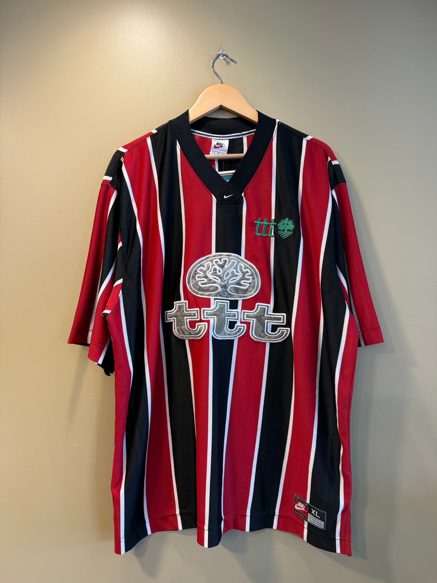 TTT Nike Red Center Swoosh Striped Football Soccer Jersey- XL