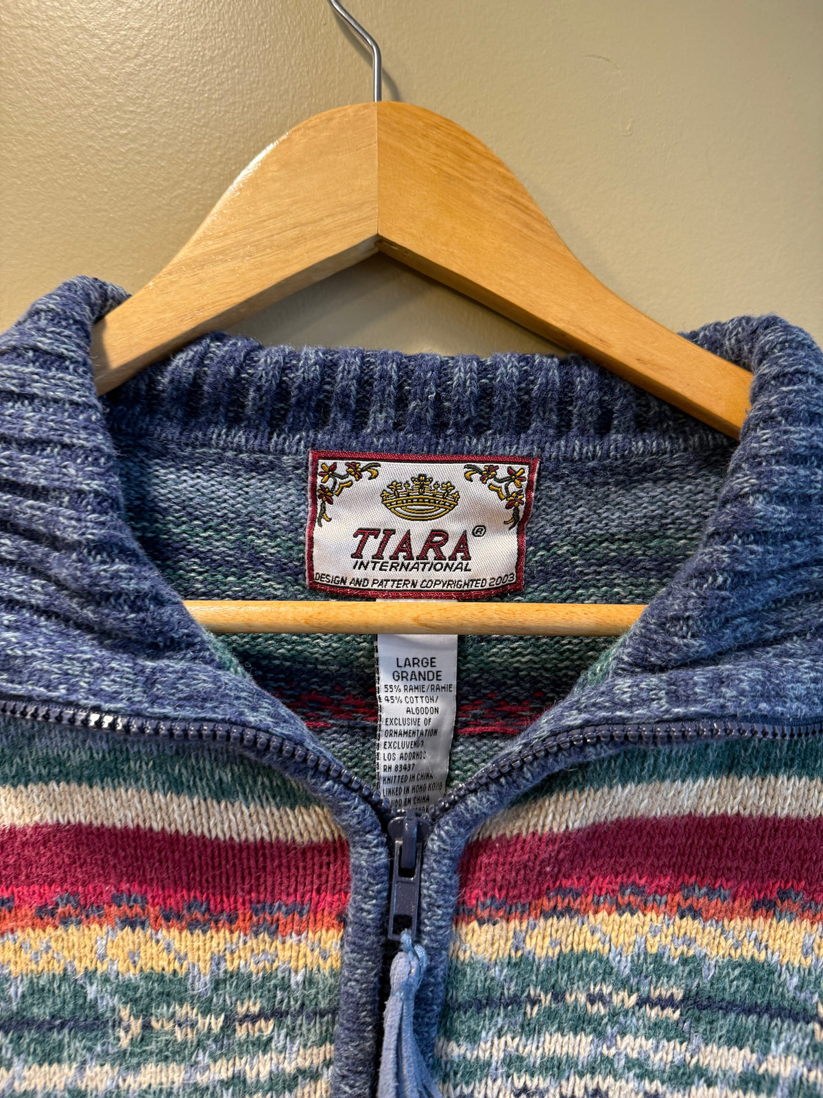 Vintage Tiara Striped Knit Zip-Up Sweater- L