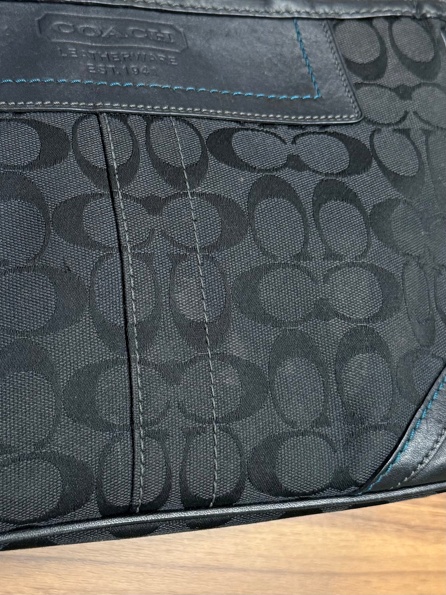 Vintage Coach F05M-8K49 Signature Gallery Black w/ Blue Trim Jacquard Tote Handbag