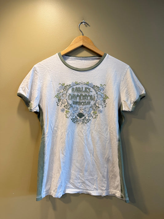 Vintage Harley Davidson White & Green Baby Tee T-Shirt- L