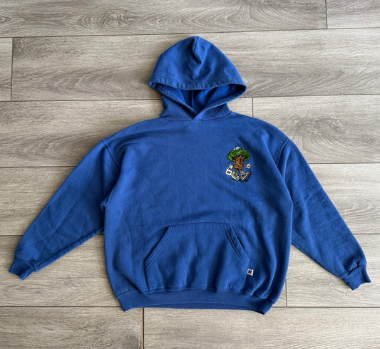 The Thrifting Tree Embroidered Blue Russell Athletic Hoodie Sweatshirt- Boxy M