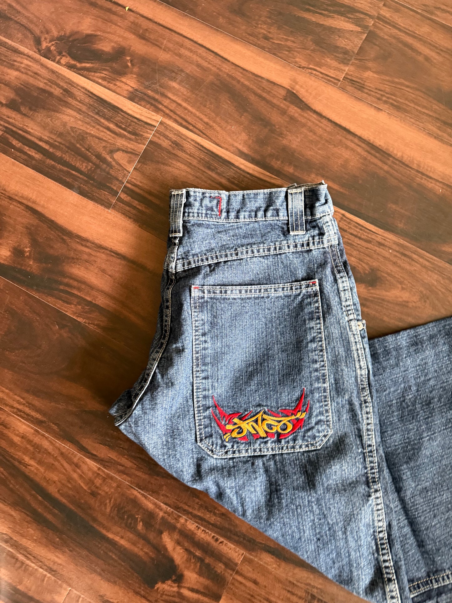 Vintage Y2K JNCO Dark Wash Embroidered Tribal Denim Blue Jeans- 32x33