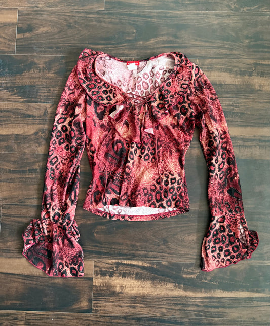 Vintage Sugarcane Pink Leopard Print Blouse Top- S