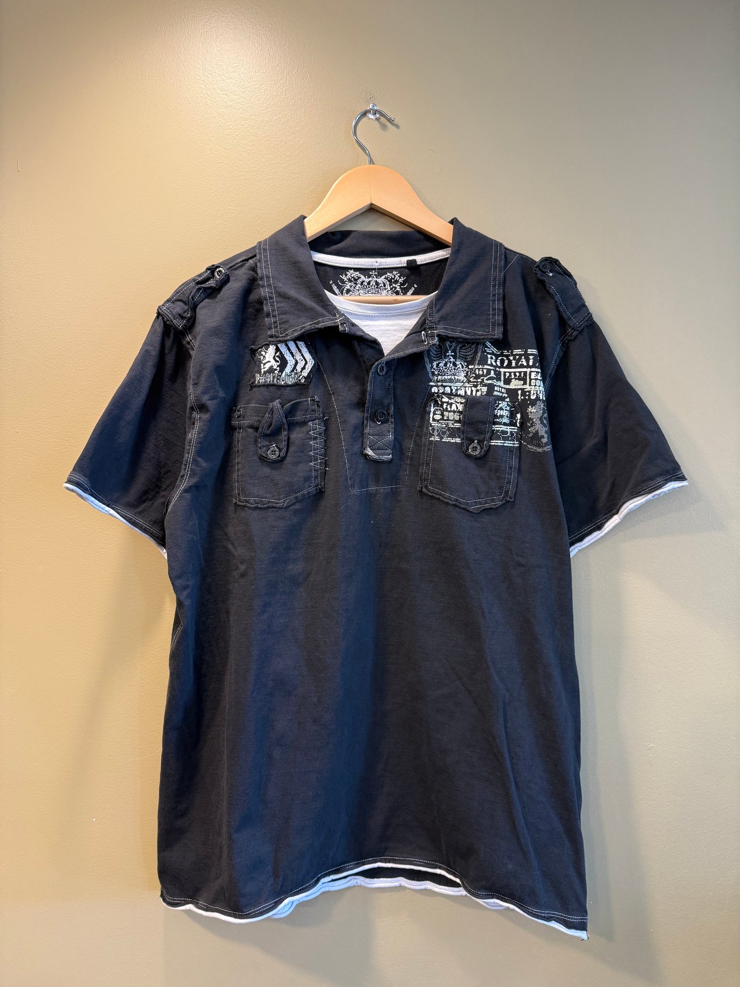 Vintage Y2K Royalty Black Graphic Button-Up Shirt- M