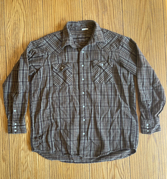 Vintage Brown Pearl Snap Western Cut Flannel Shirt- XL