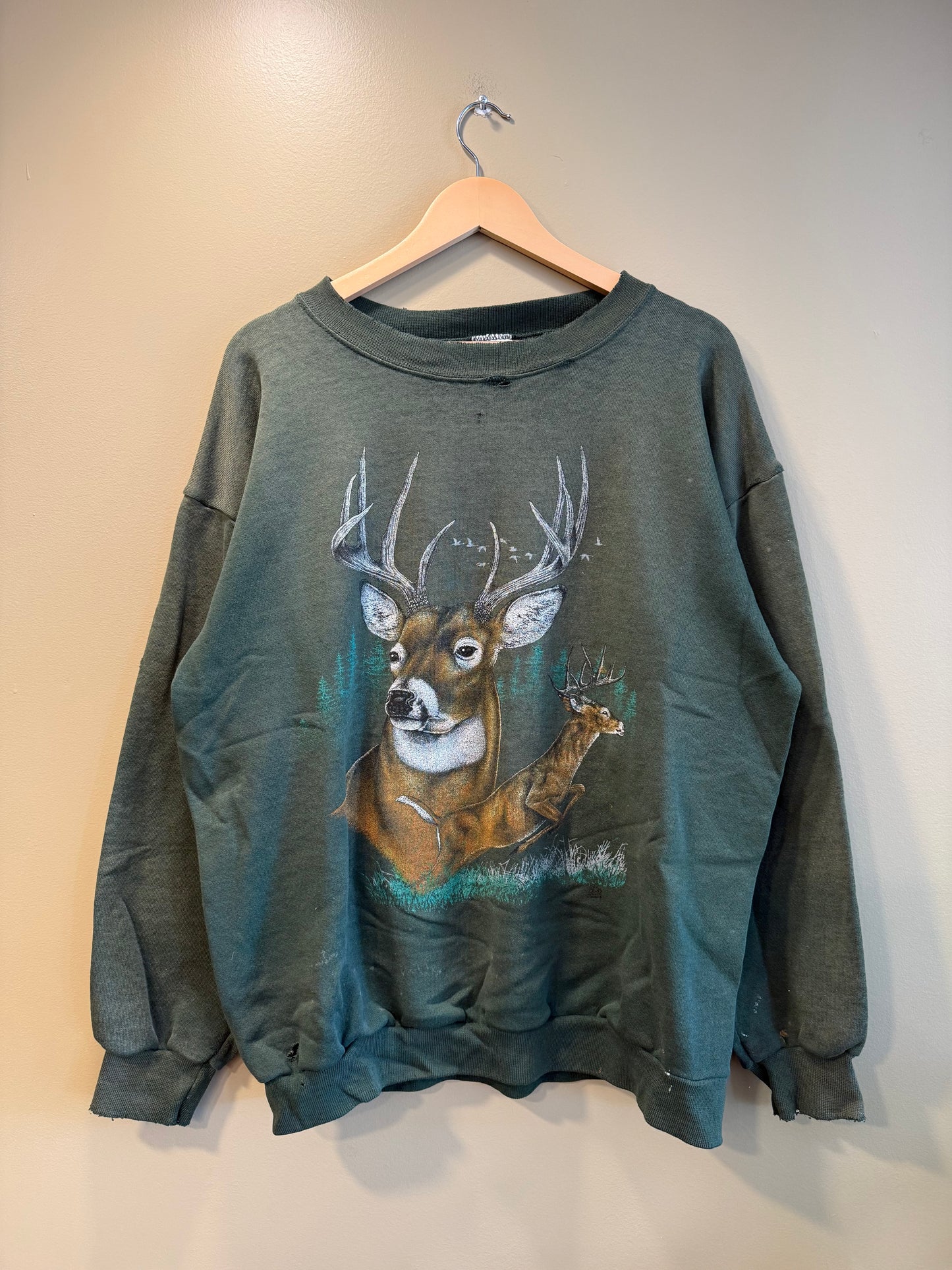 Vintage Buck Deer Nature Distressed Green Crewneck Sweatshirt- XL
