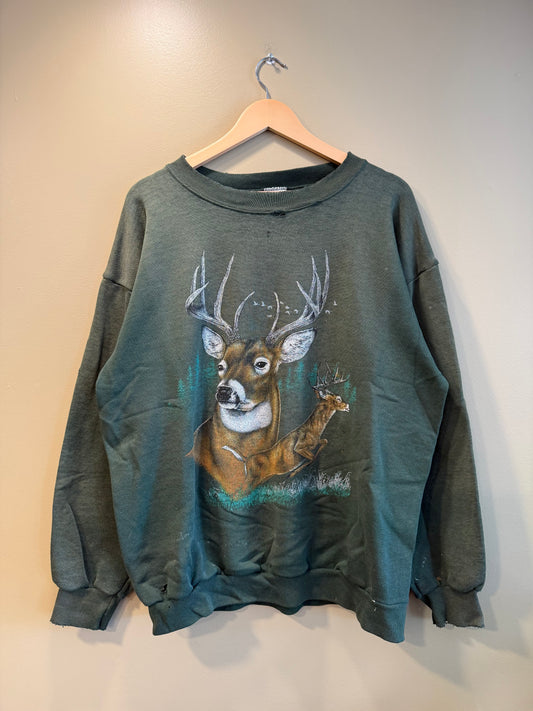 Vintage Buck Deer Nature Distressed Green Crewneck Sweatshirt- XL
