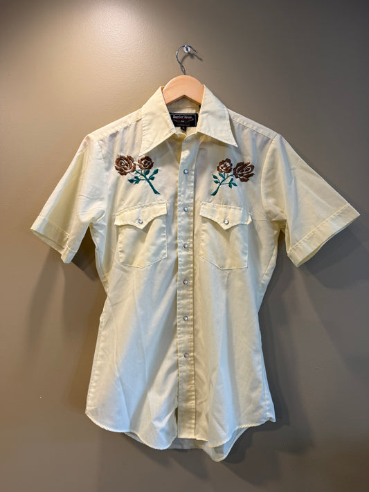 Vintage 70s Western Pearl Snap Butter Yellow Floral Shirt- S