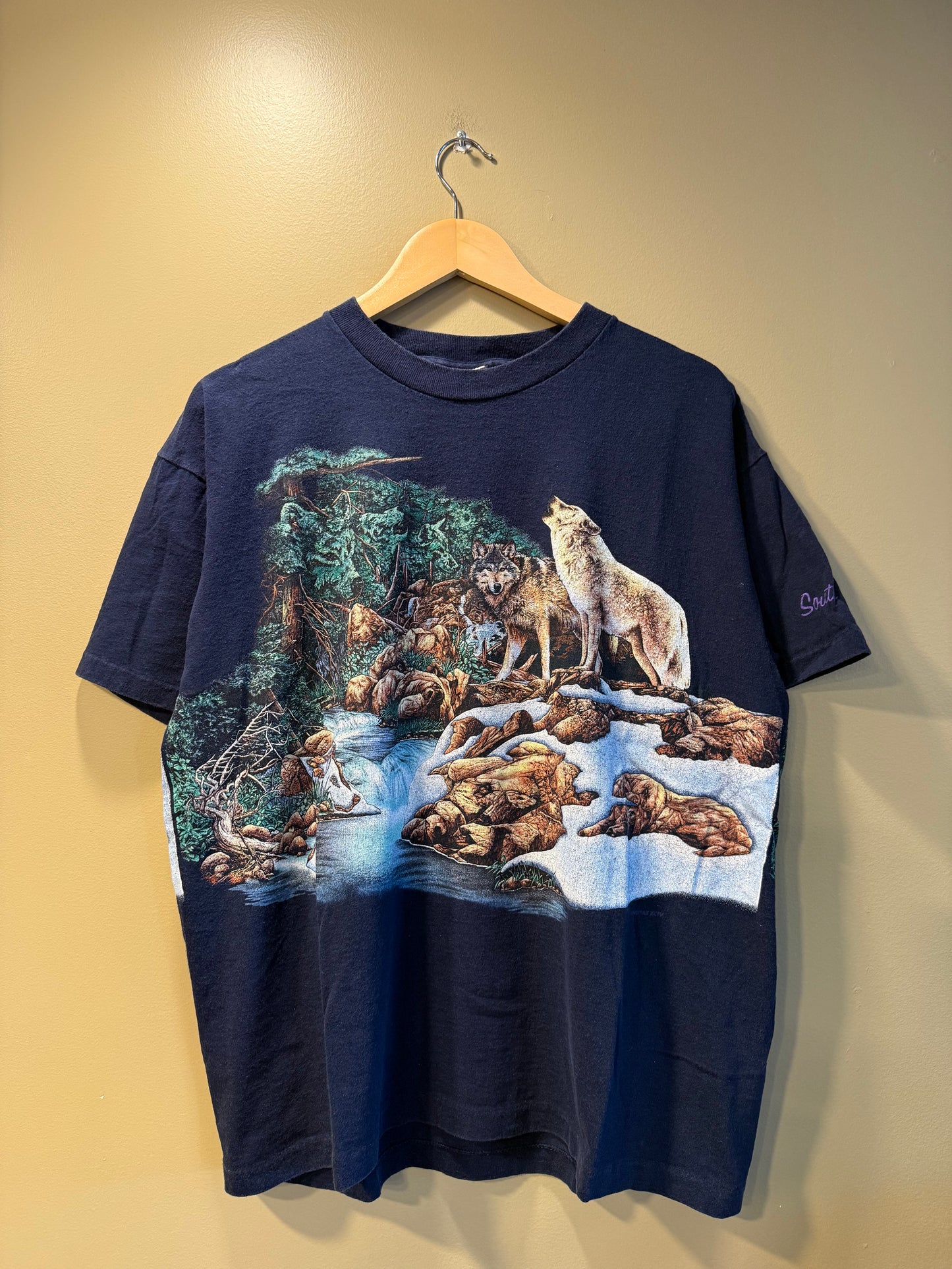 Vintage Wolves All Over Print Nature T-Shirt- L