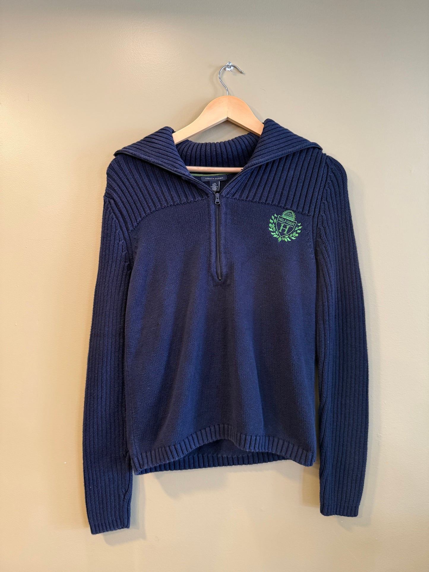 Vintage Y2K Tommy Hilfiger Blue Ribbed Collared Quarter-Zip Sweater- L
