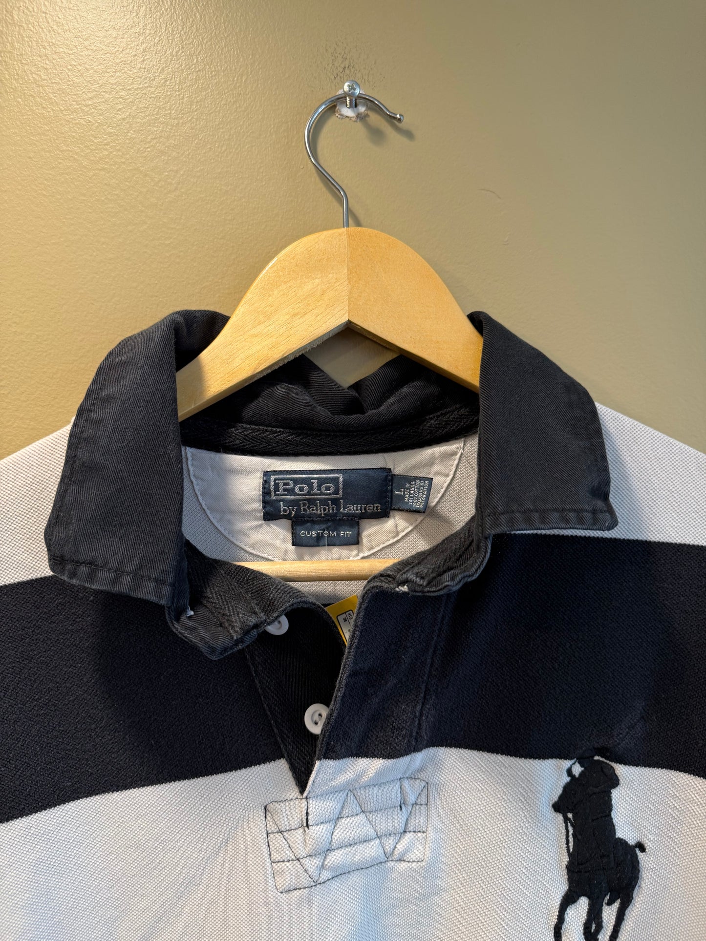 Vintage Polo Ralph Lauren Black & White Striped Polo Shirt- L