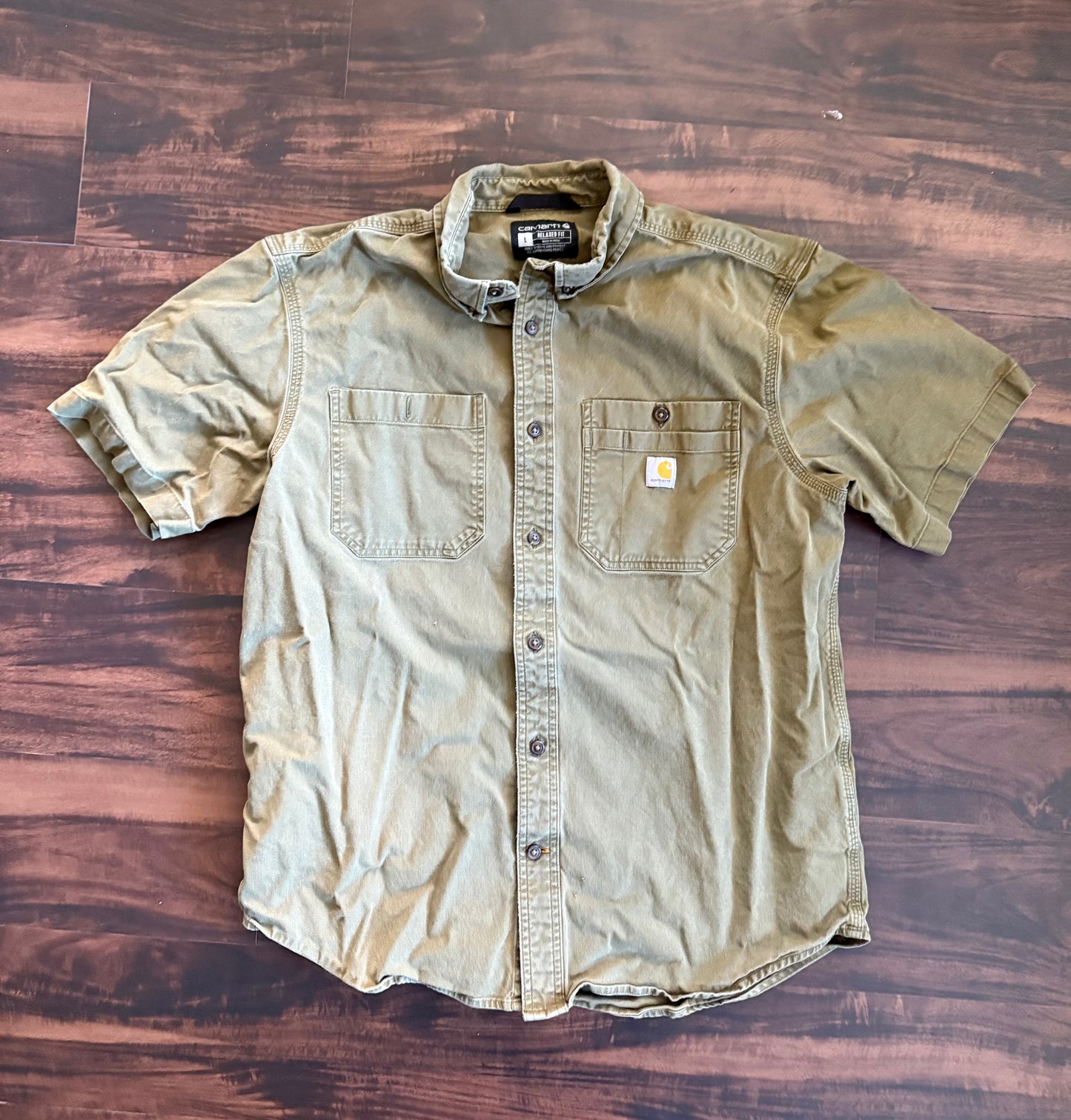 Vintage Carhartt Rugged Flex Short Sleeve Green Canvas Button-Up Shirt- L
