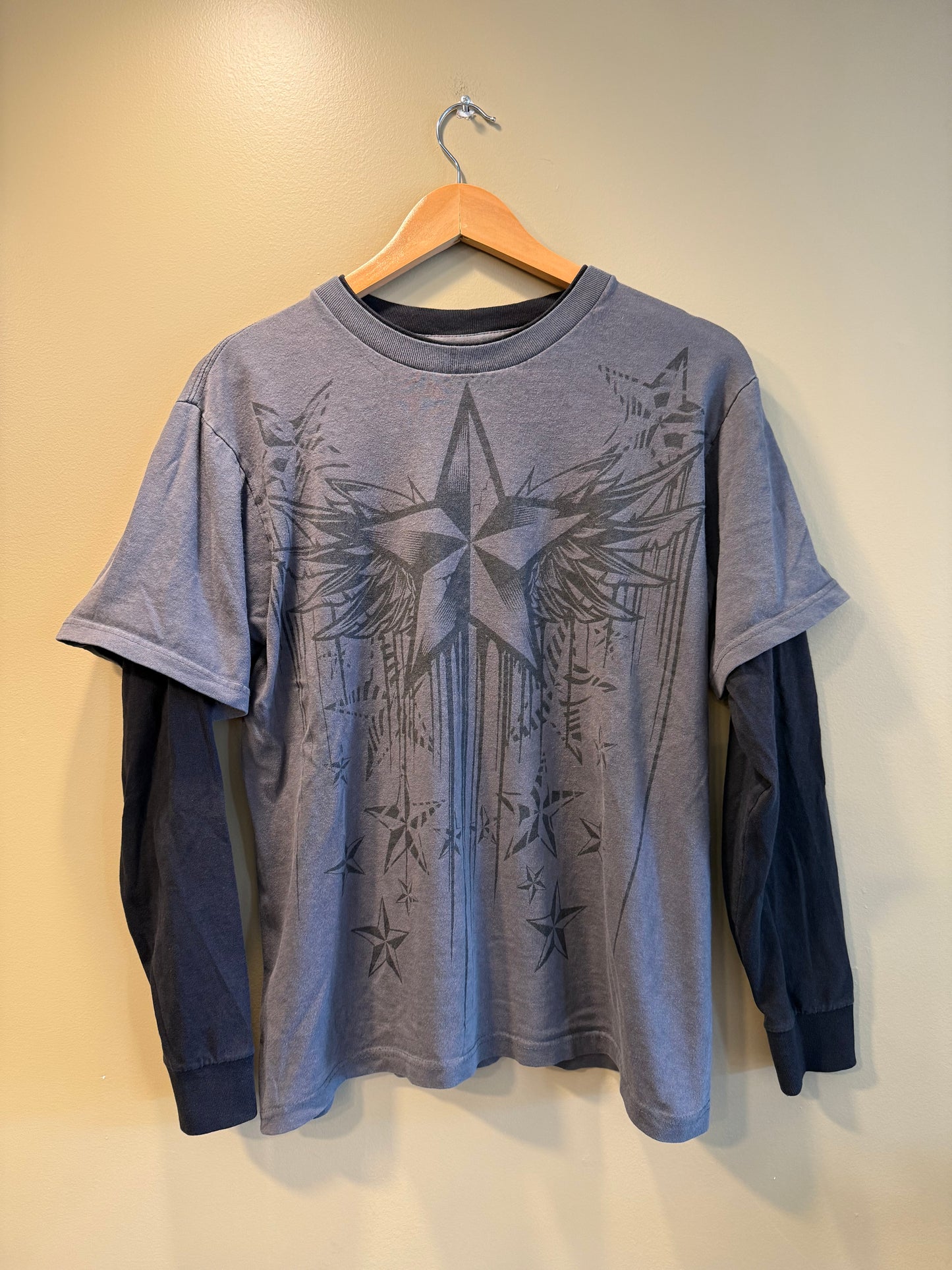Vintage Y2K Hybrid Tees Black Star Long Sleeve Thermal T-Shirt- M