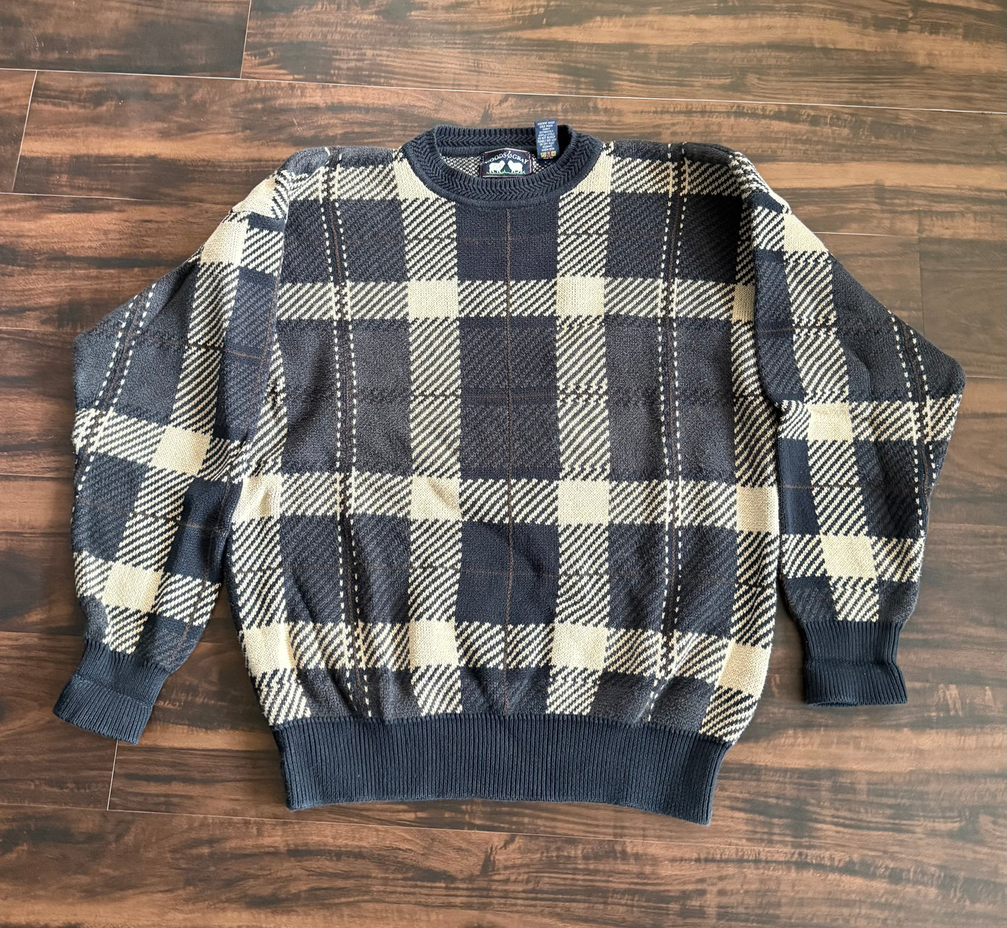 Vintage Woods & Gray Tartan Earth Tones Cotton Sweater- L