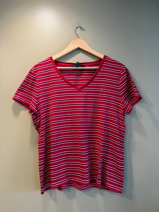 Vintage Tommy Hilfiger Red Striped V-Neck T-Shirt- XL/XXL