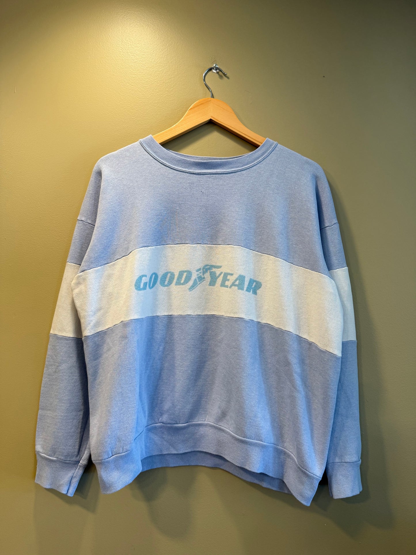 Vintage 80s Goodyear Baby Blue Striped Crewneck Sweatshirt- L