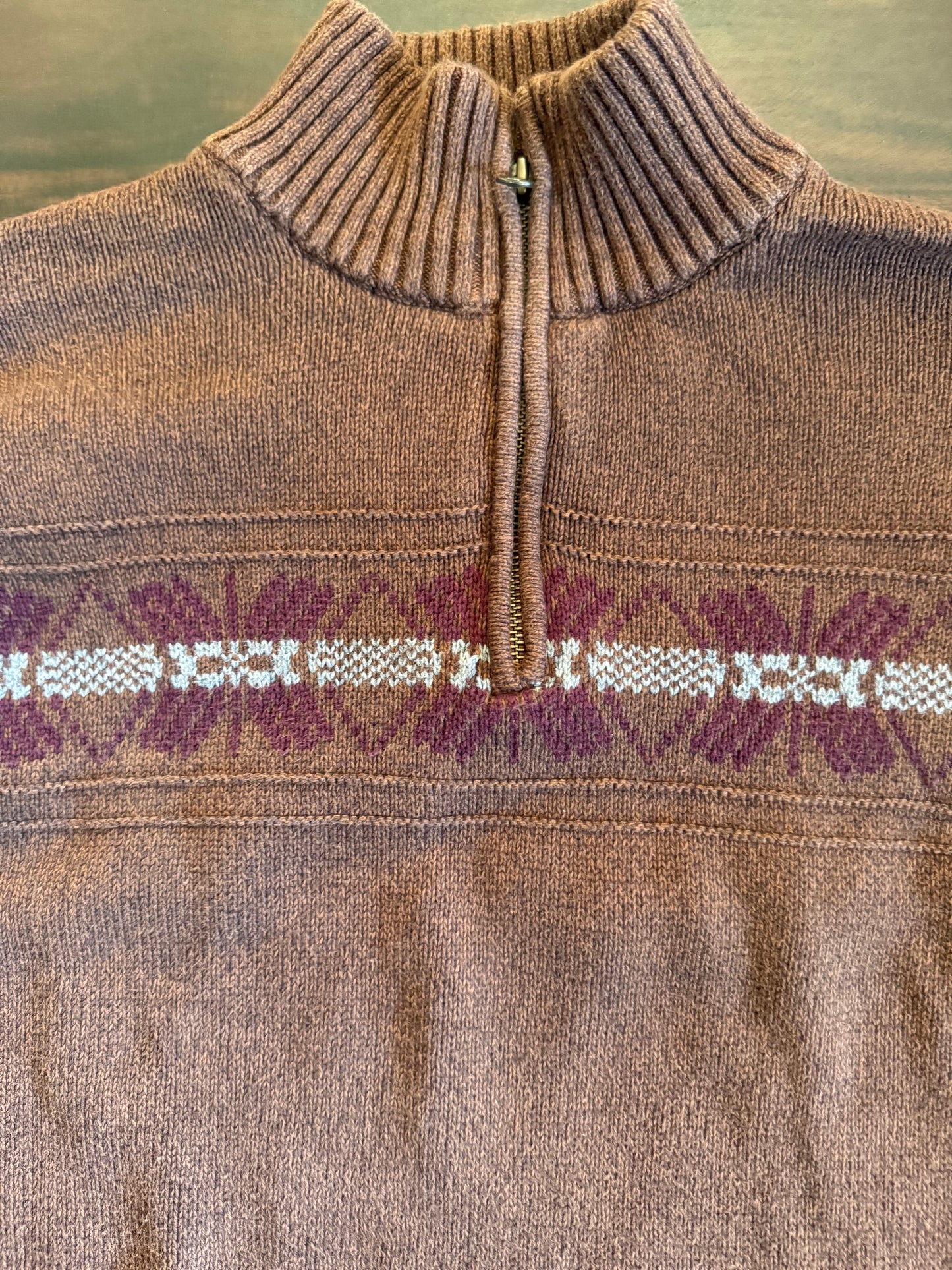 Vintage Brown Patterned Quarter-Zip Sweater- L