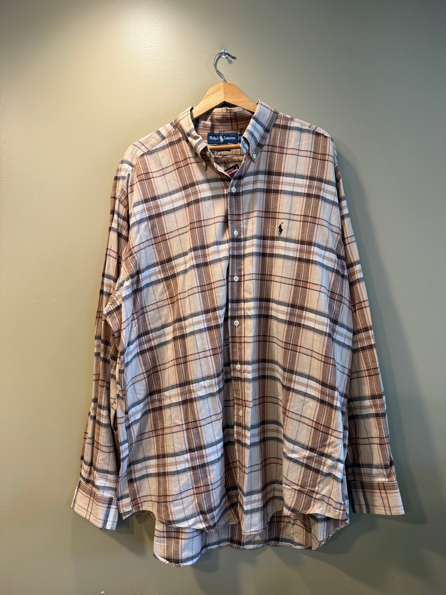 Vintage Polo Ralph Lauren Tan Checkered Button-Up Shirt- XL