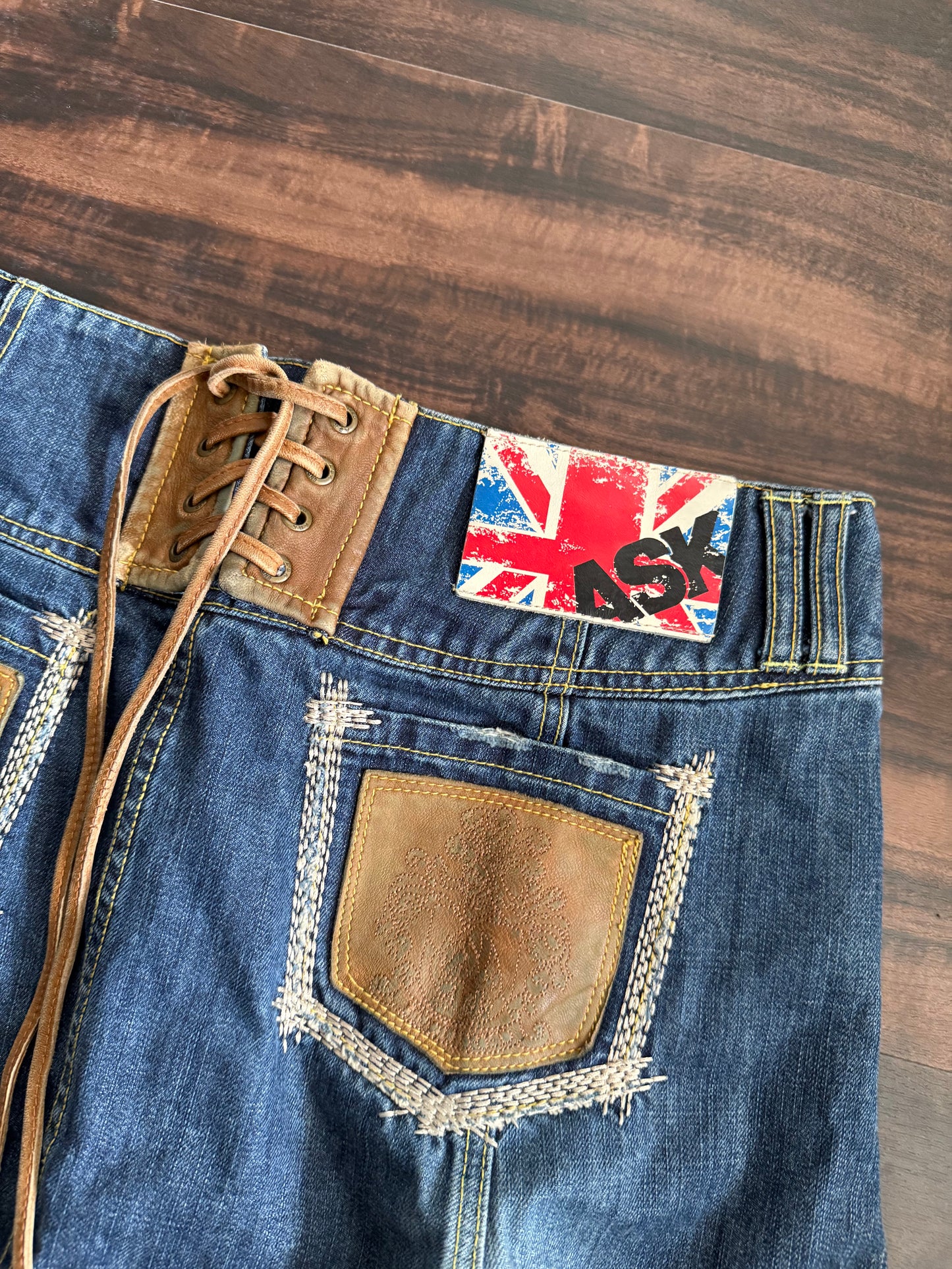 Vintage Ask Jeans Union Jack Leather Patch Denim Skirt- 31