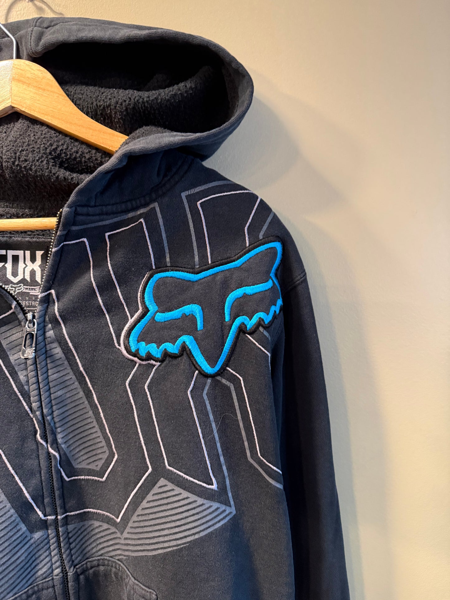Vintage Fox Racing Black & Blue Embroidered Zip-Up Hoodie Sweatshirt- S