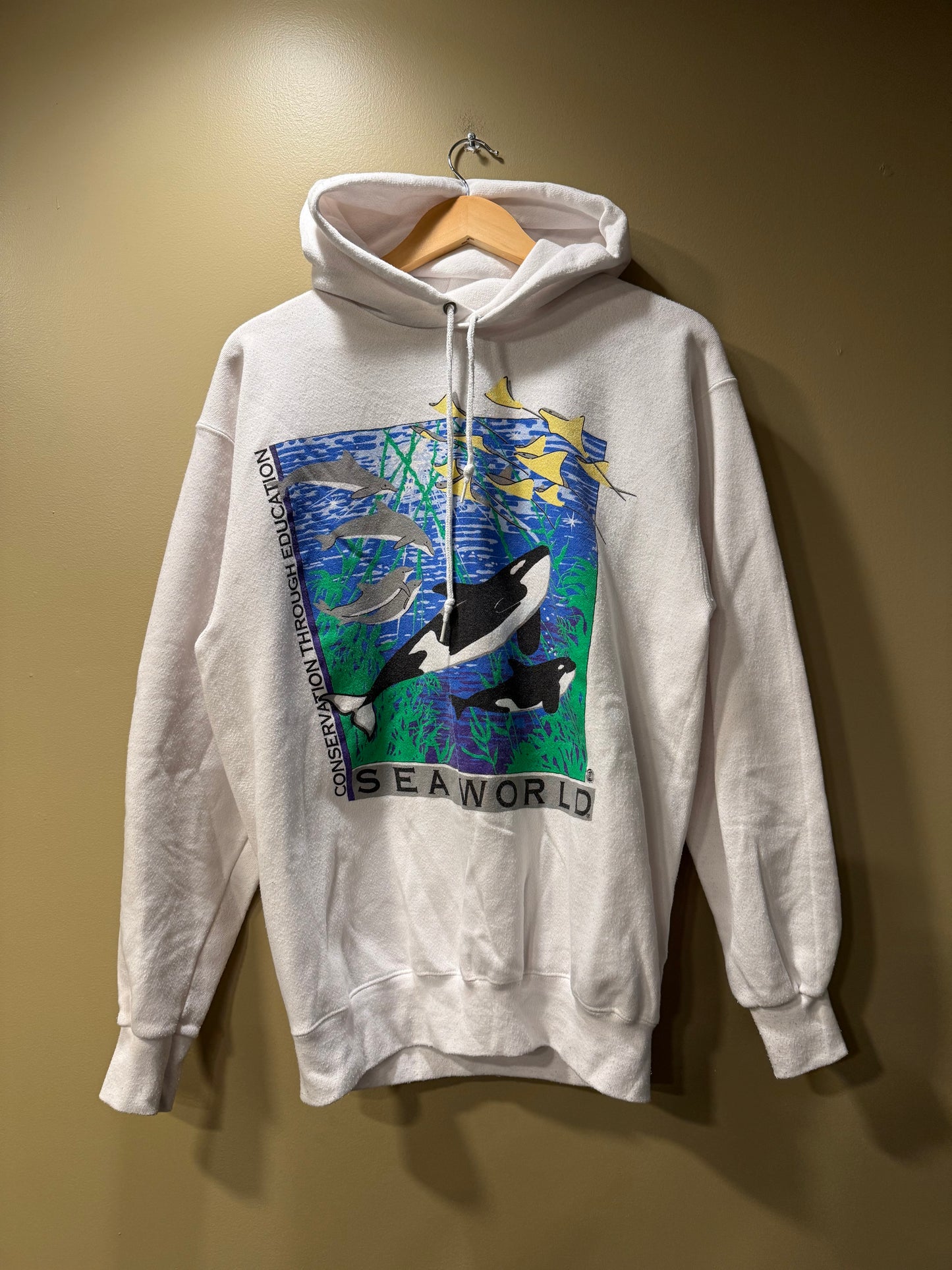 Vintage Sea World Orca Whale White Hoodie Sweatshirt- M