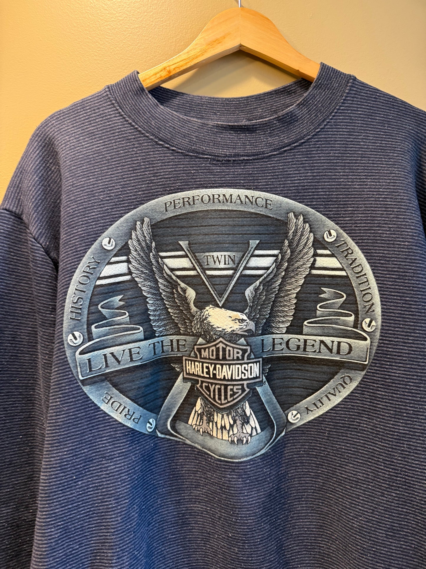 Vintage Harley Davidson Blue Striped Boxy Crewneck Sweatshirt- L
