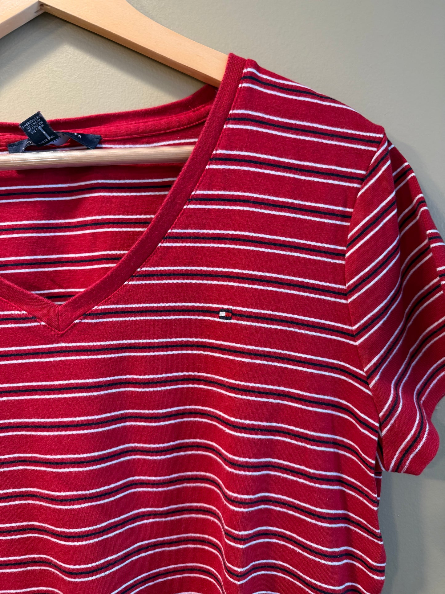 Vintage Tommy Hilfiger Red Striped V-Neck T-Shirt- XL/XXL