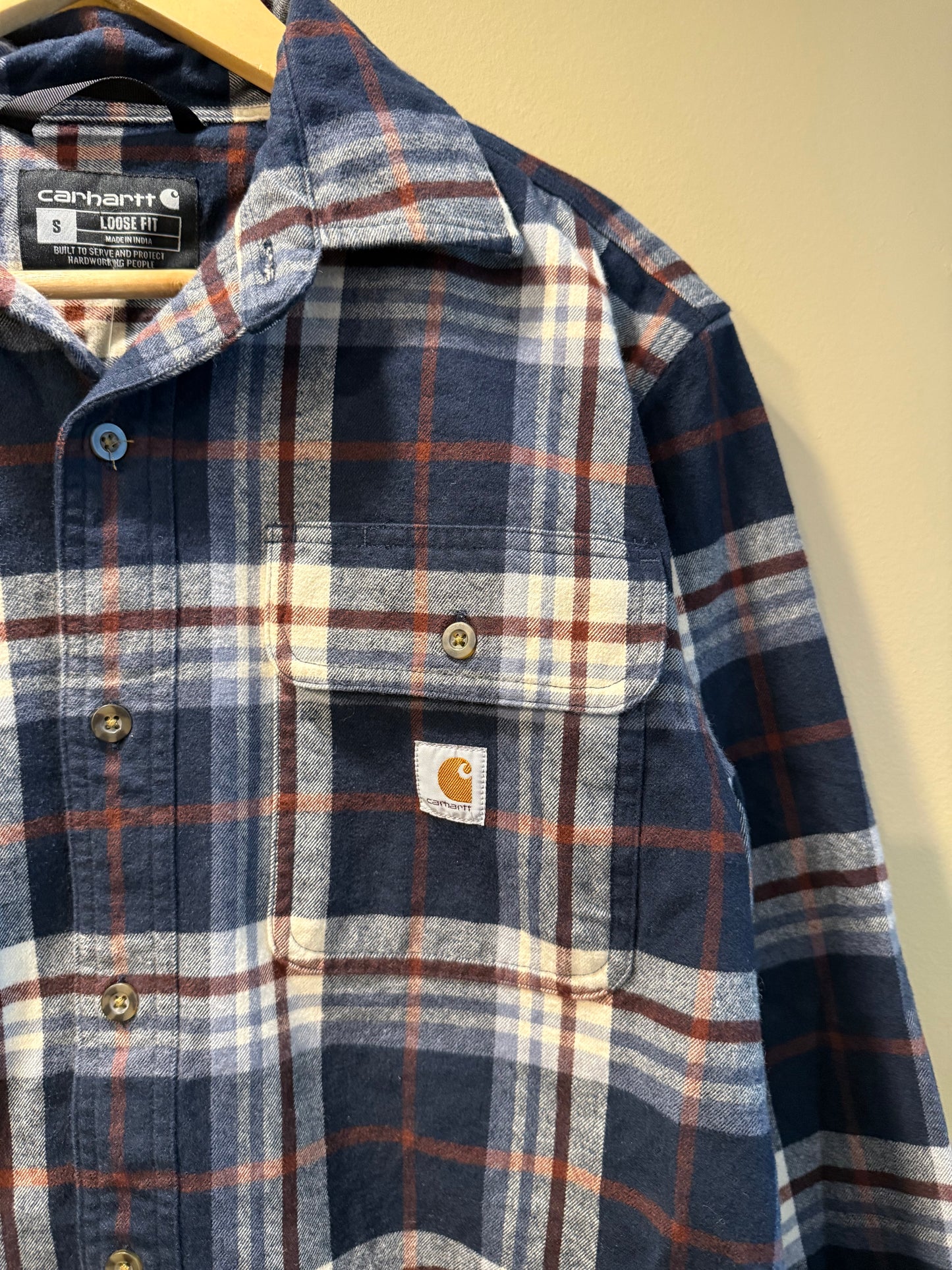 Vintage Carhartt Blue & Brown Checkered Flannel Shirt- S