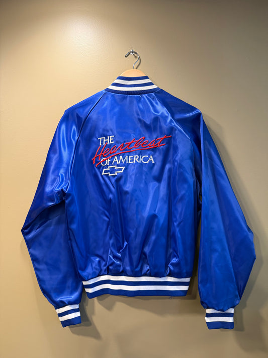 Vintage Chevrolet The Heartbeat of America Blue Satin Jacket- L