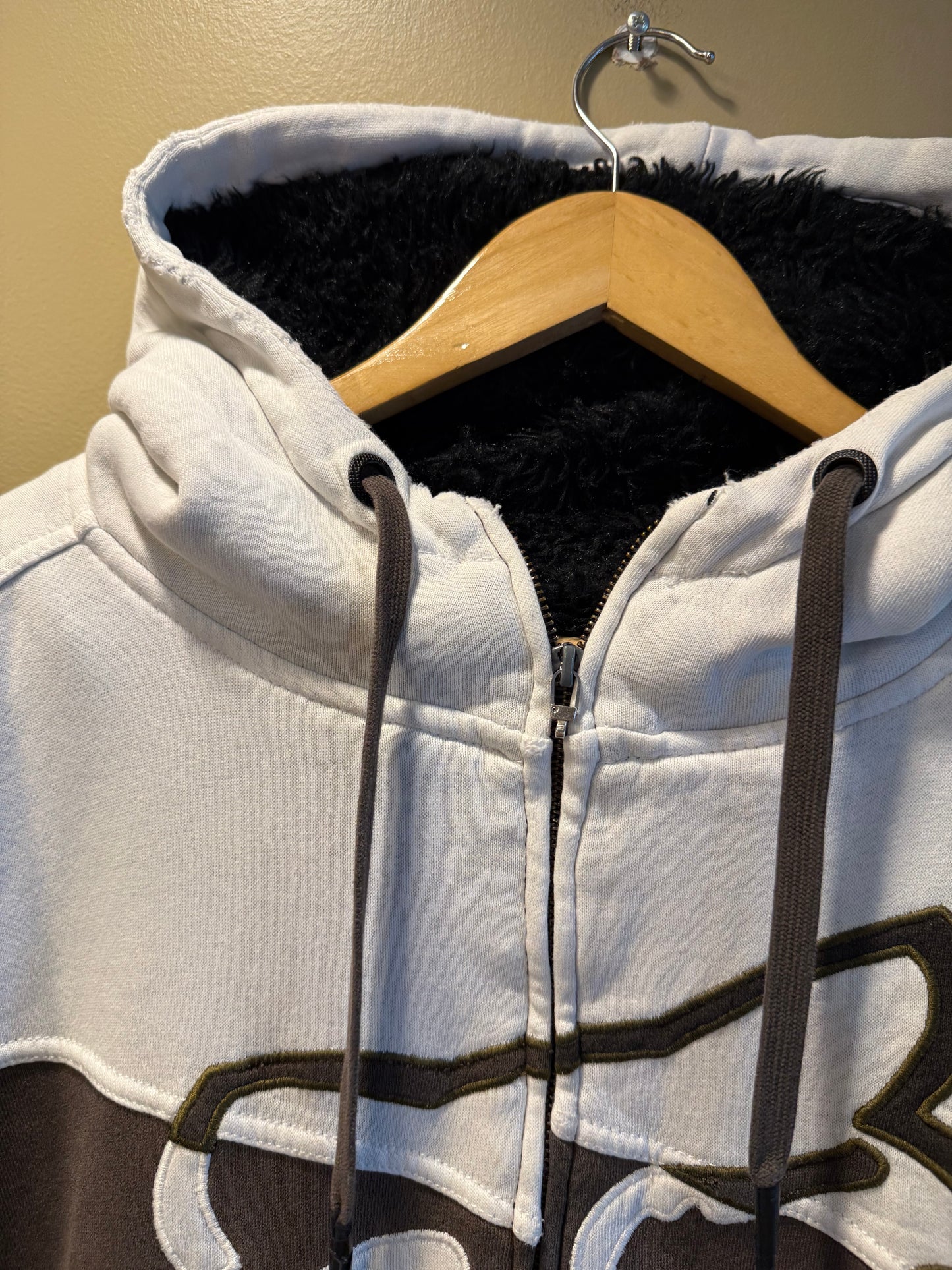Vintage Fox Racing Brown & White Fur Lined Zip-Up Hoodie Sweatshirt- L