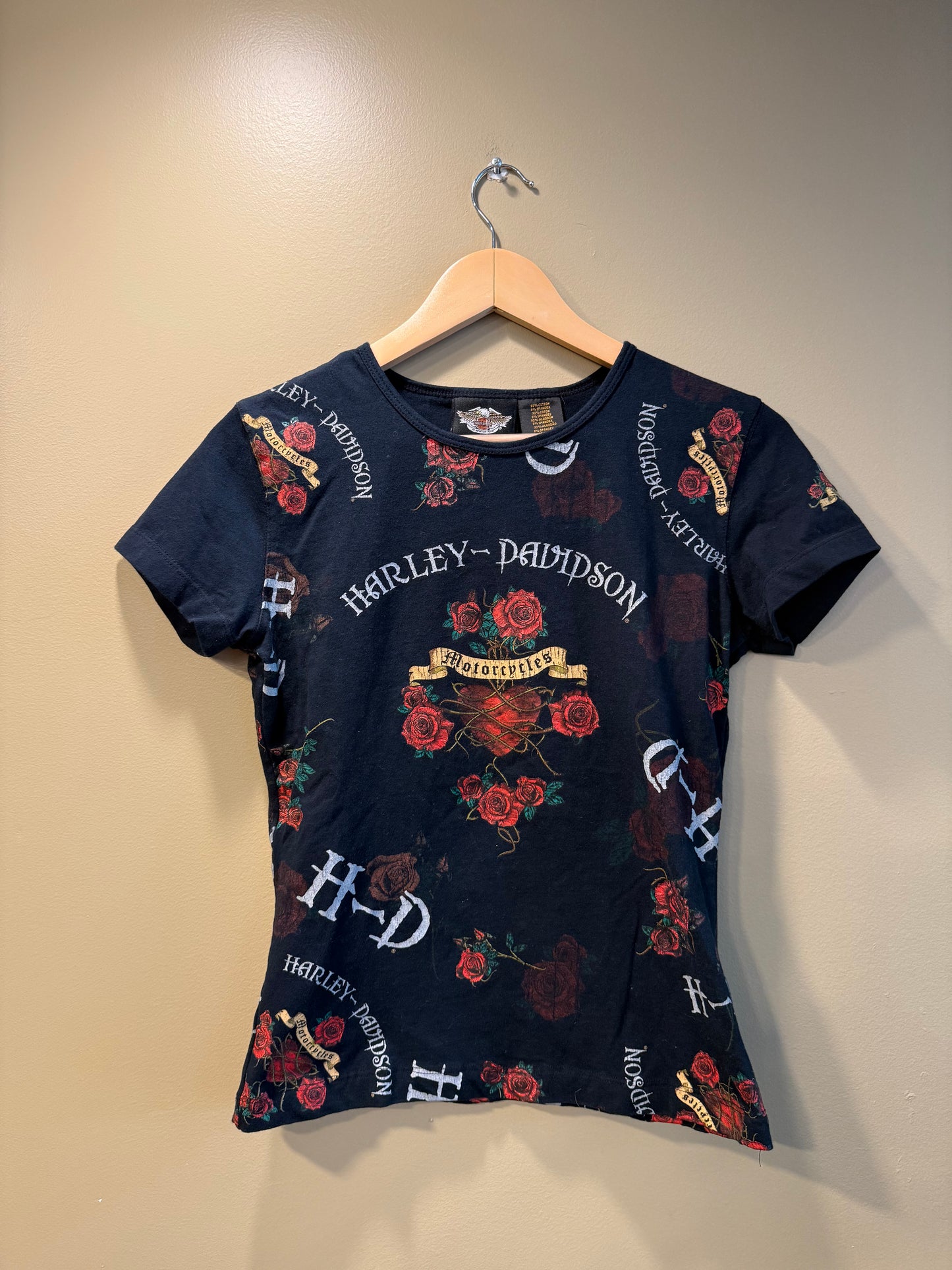 Vintage Harley Davidson Motorcycles Roses All Over Print T-Shirt- S