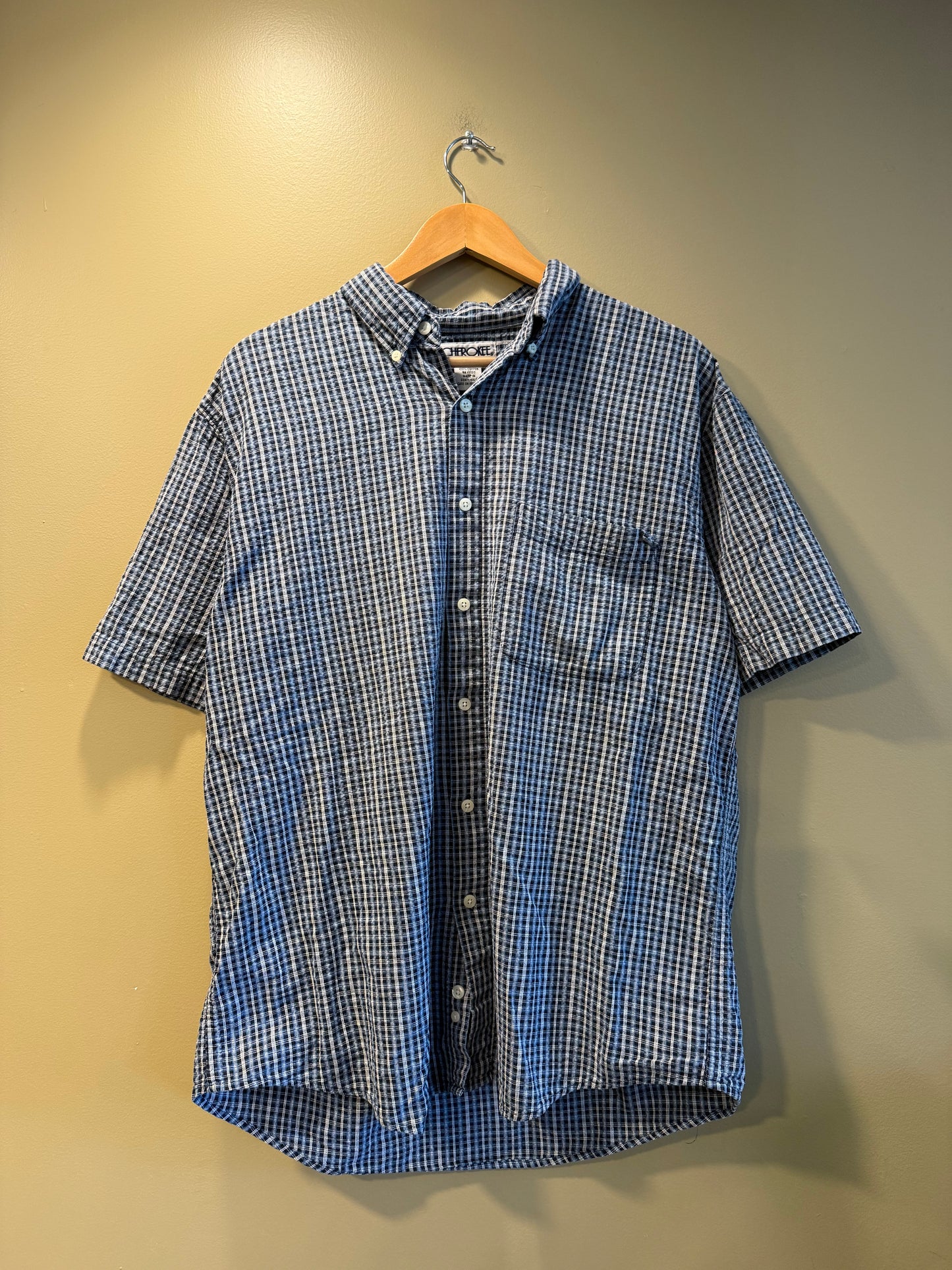 Vintage Cherokee Seersucker Cotton Checkered Button-Up Shirt- L
