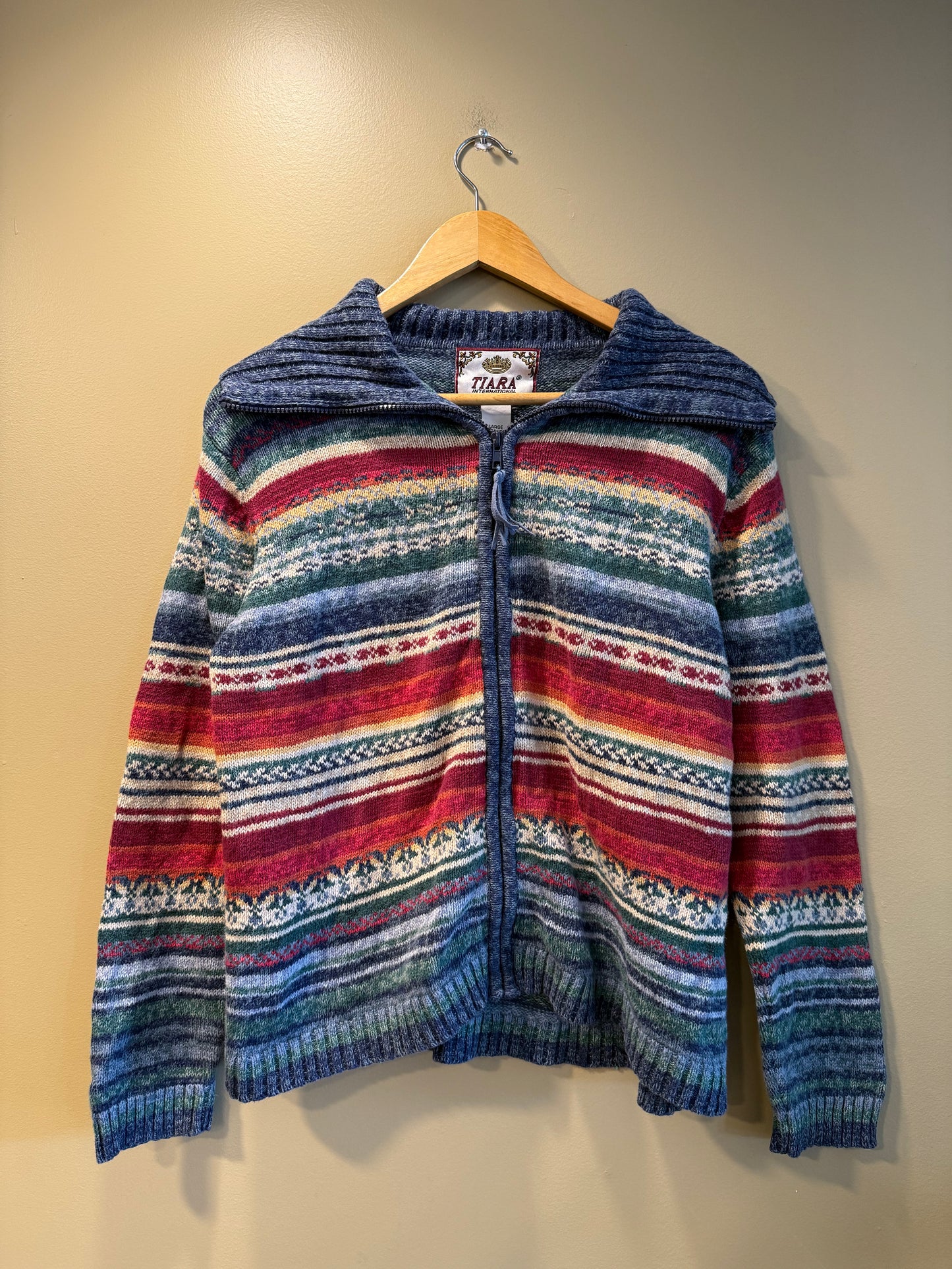 Vintage Tiara Striped Knit Zip-Up Sweater- L