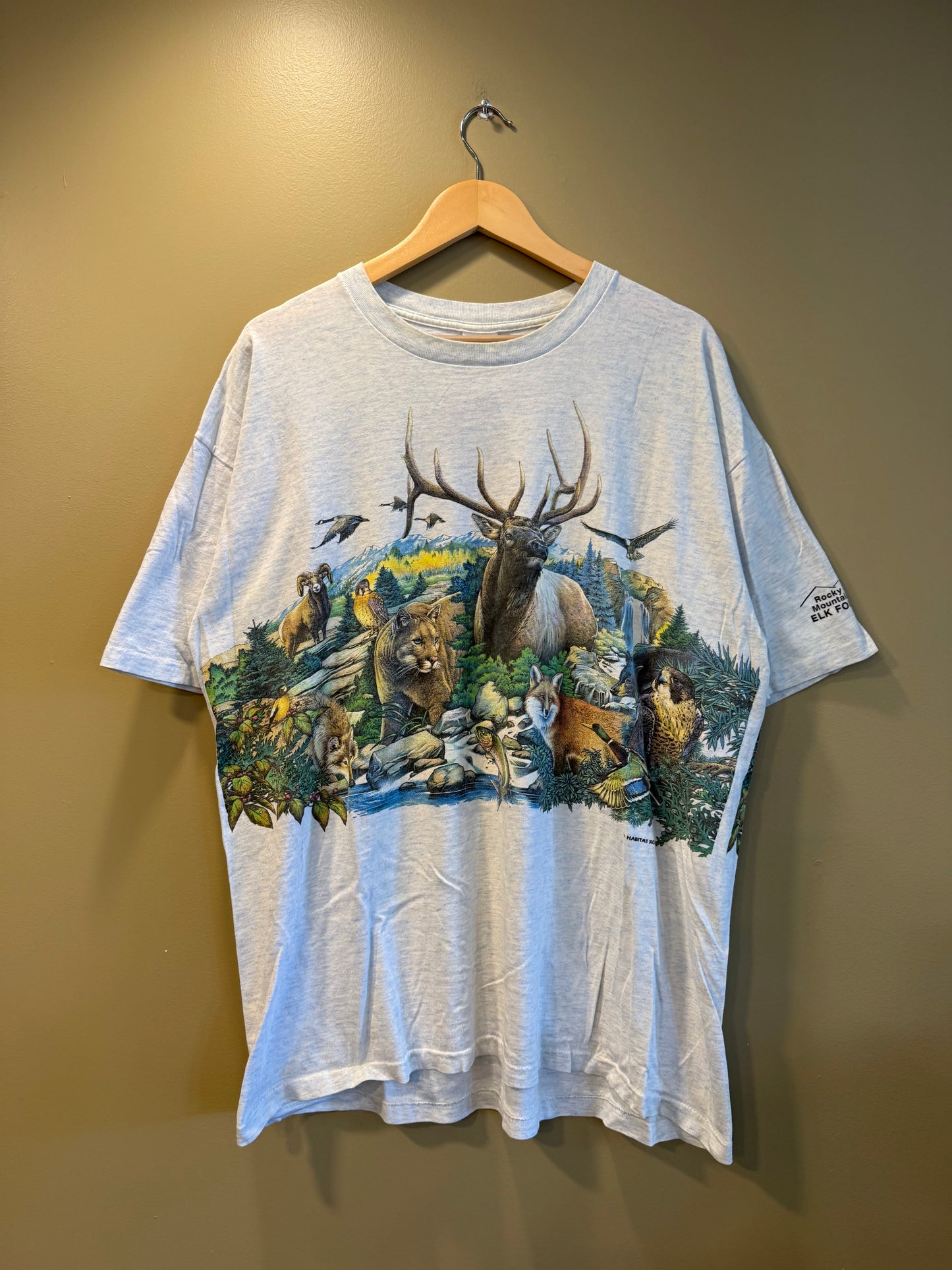 Vintage Rocky Mountain Elk Foundation Nature Wrap-Around Print T-Shirt- XL