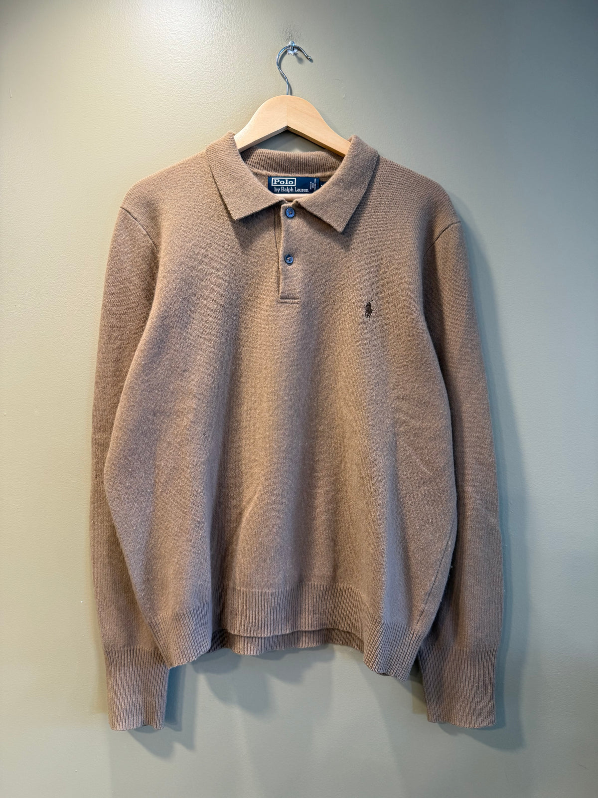 Vintage Polo Ralph Lauren Tan Lambswool Button-Up Collared Sweater- XL