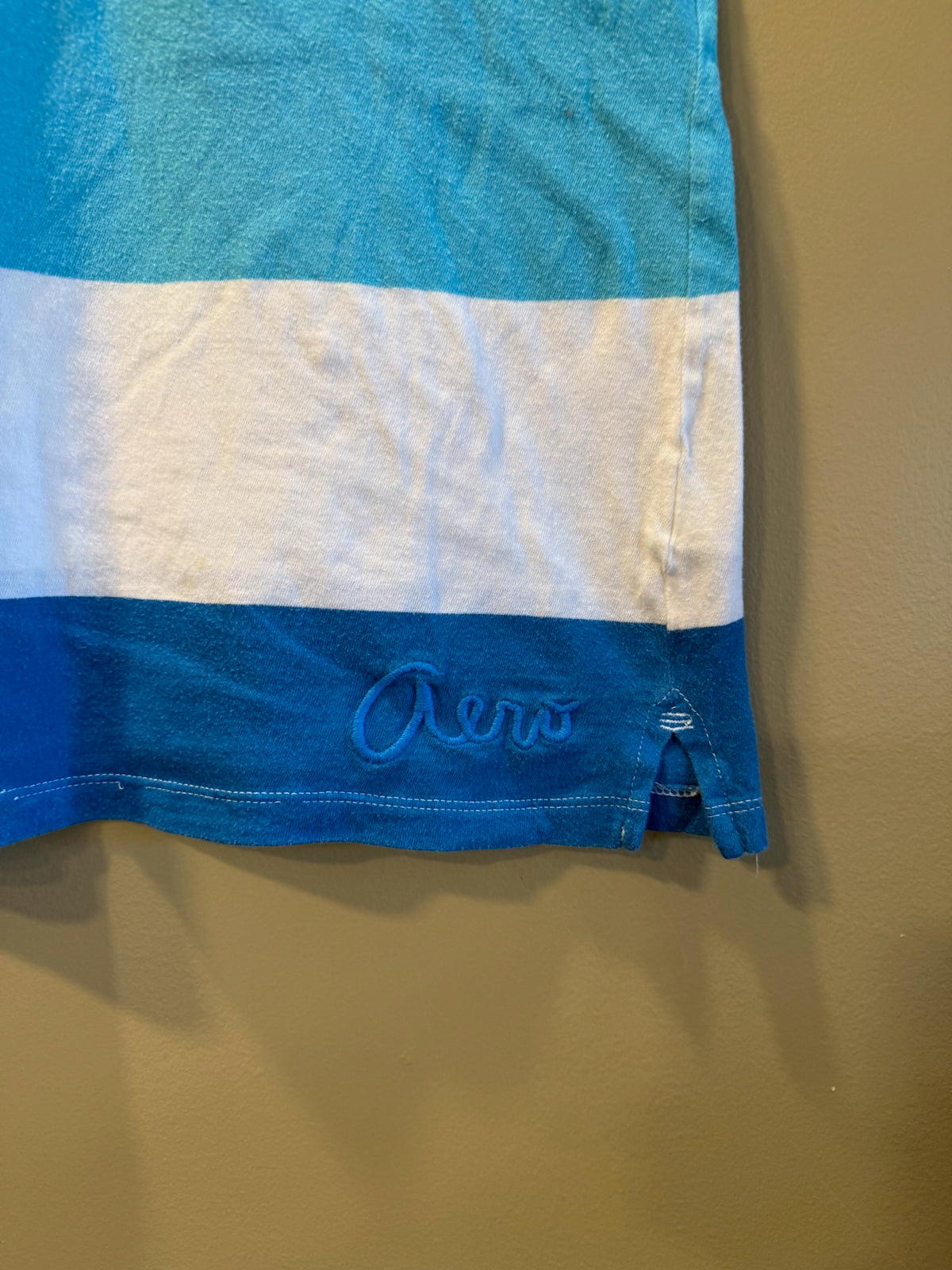 Vintage Y2K Aeropostale Blue Green White Striped Woman’s Polo T-Shirt - L