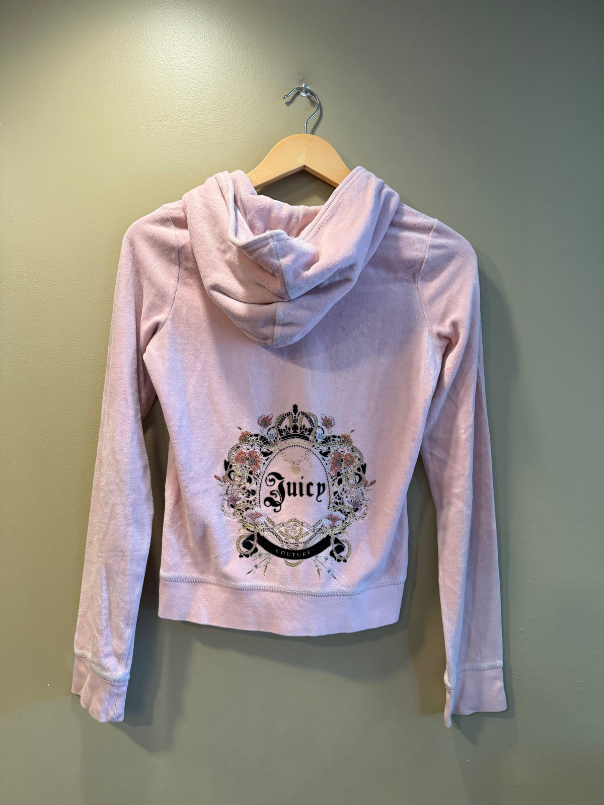 Vintage Juicy Couture Baby Pink Velour Zip-Up Hoodie Sweatshirt- S/M