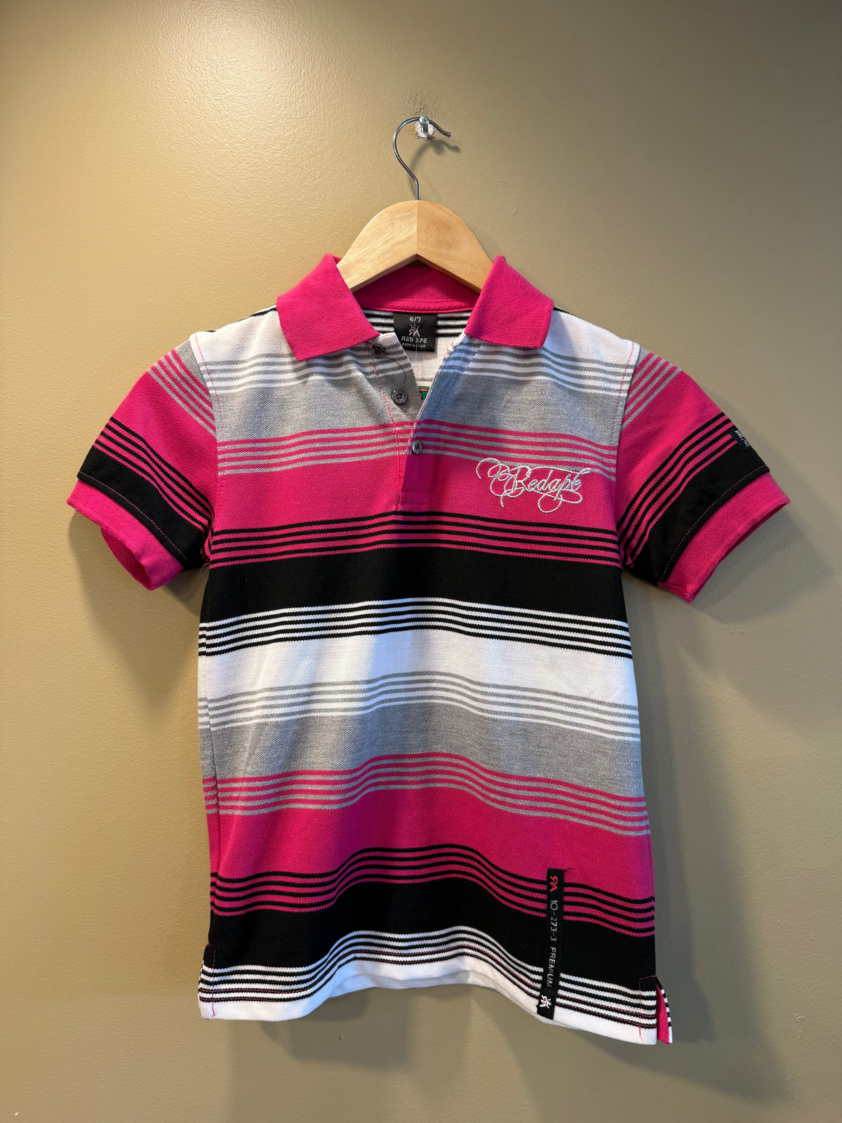 Vintage Red Ape Striped Pink Women’s Polo Shirt- S