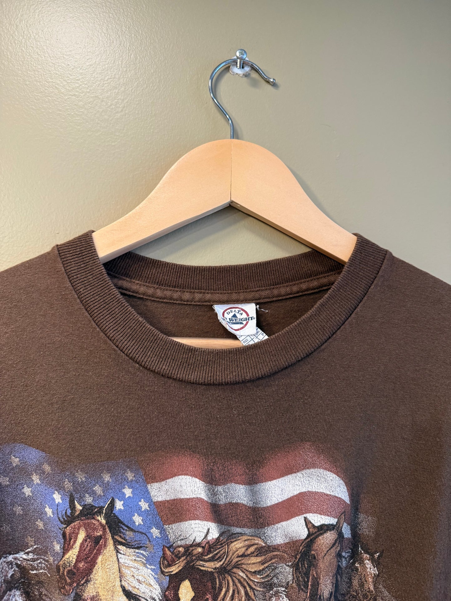 Vintage Horses USA Flag Brown T-Shirt- S