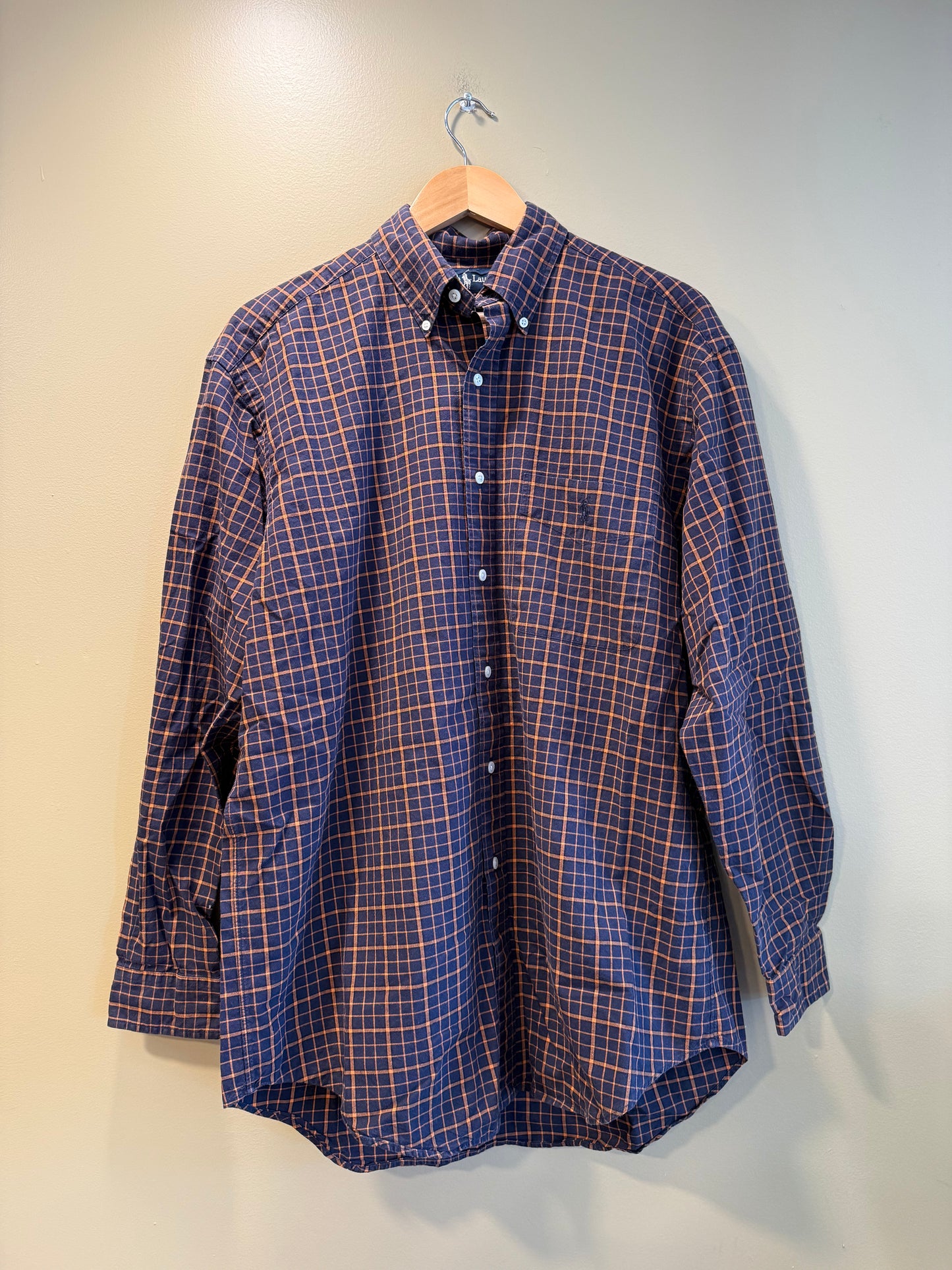 Vintage Polo Navy Blue & Orange Checkered Button-Up Shirt- M