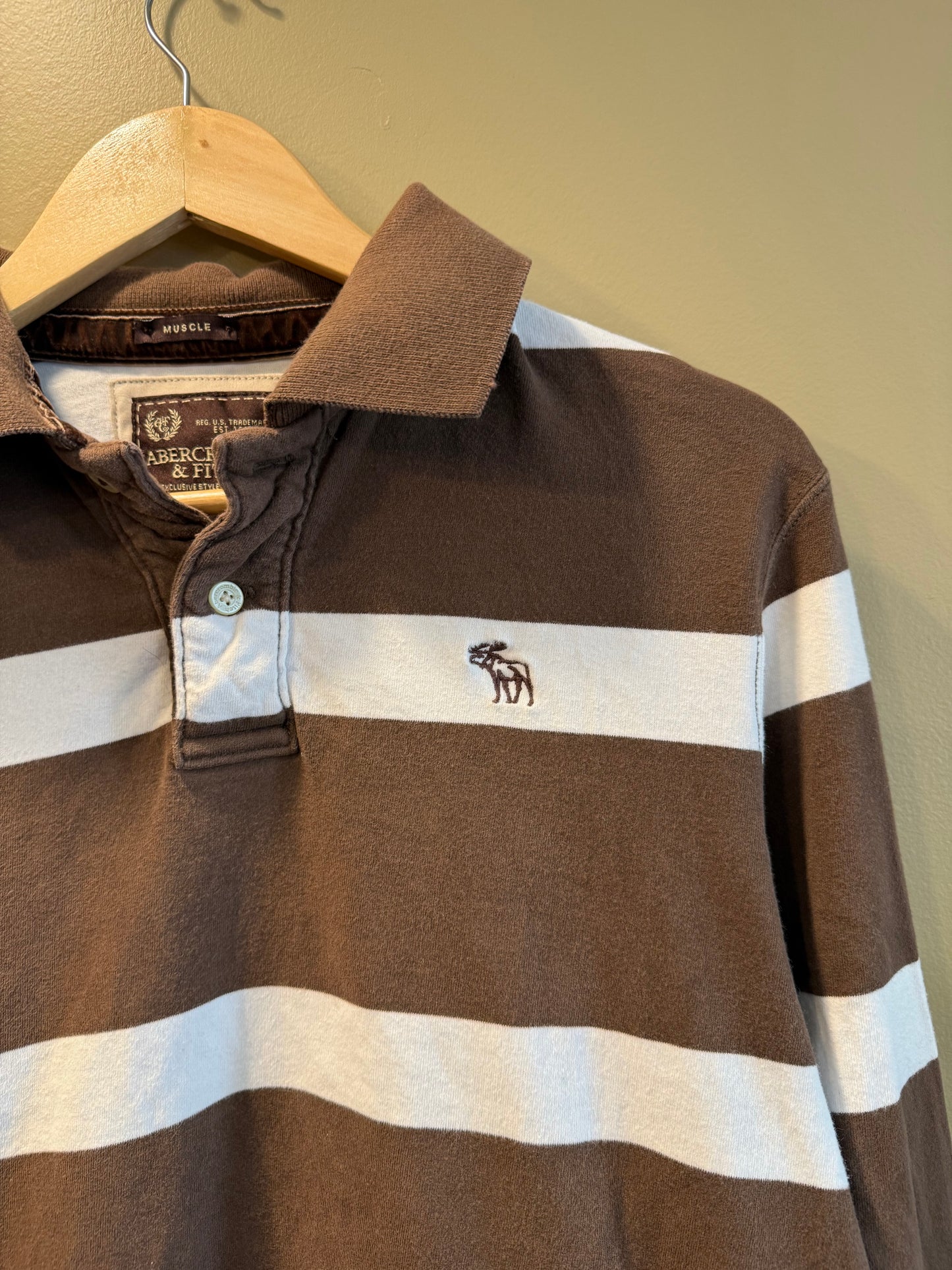 Vintage Abercrombie & Fitch Brown Striped Polo Long Sleeve Shirt- L