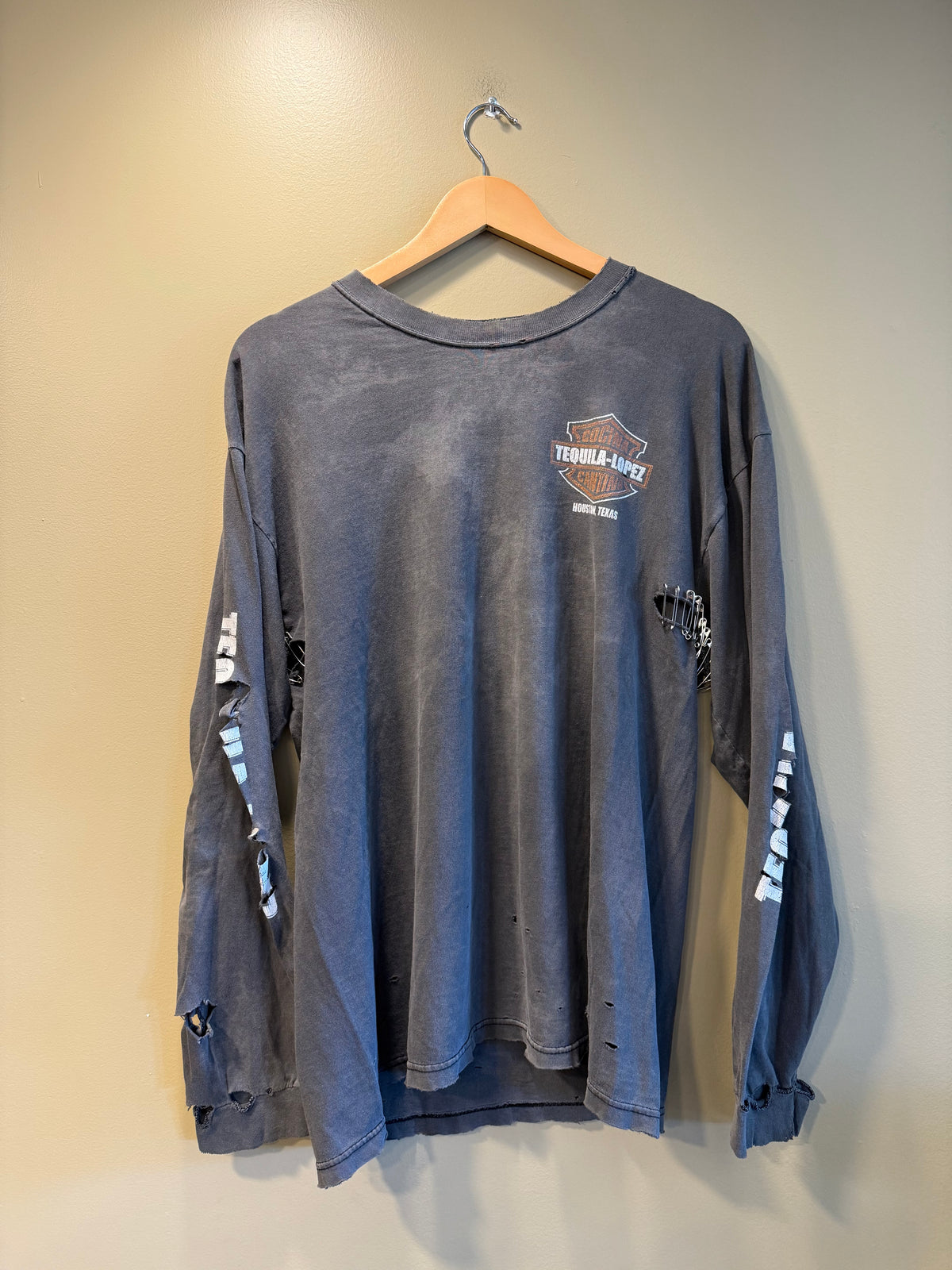 Vintage Tequila Lopez Harley Davidson Distressed Safety Pinned Long Sleeve T-Shirt- L