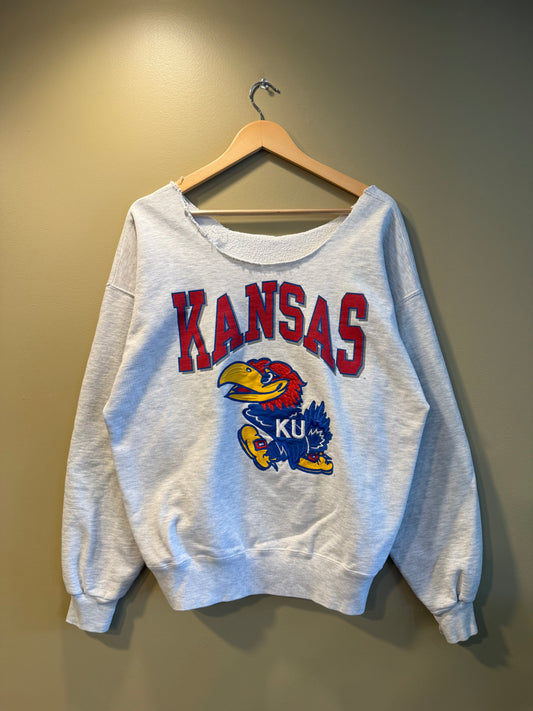 Vintage University of Kansas Jayhawks Chopped Neck Crewneck Sweatshirt- XL