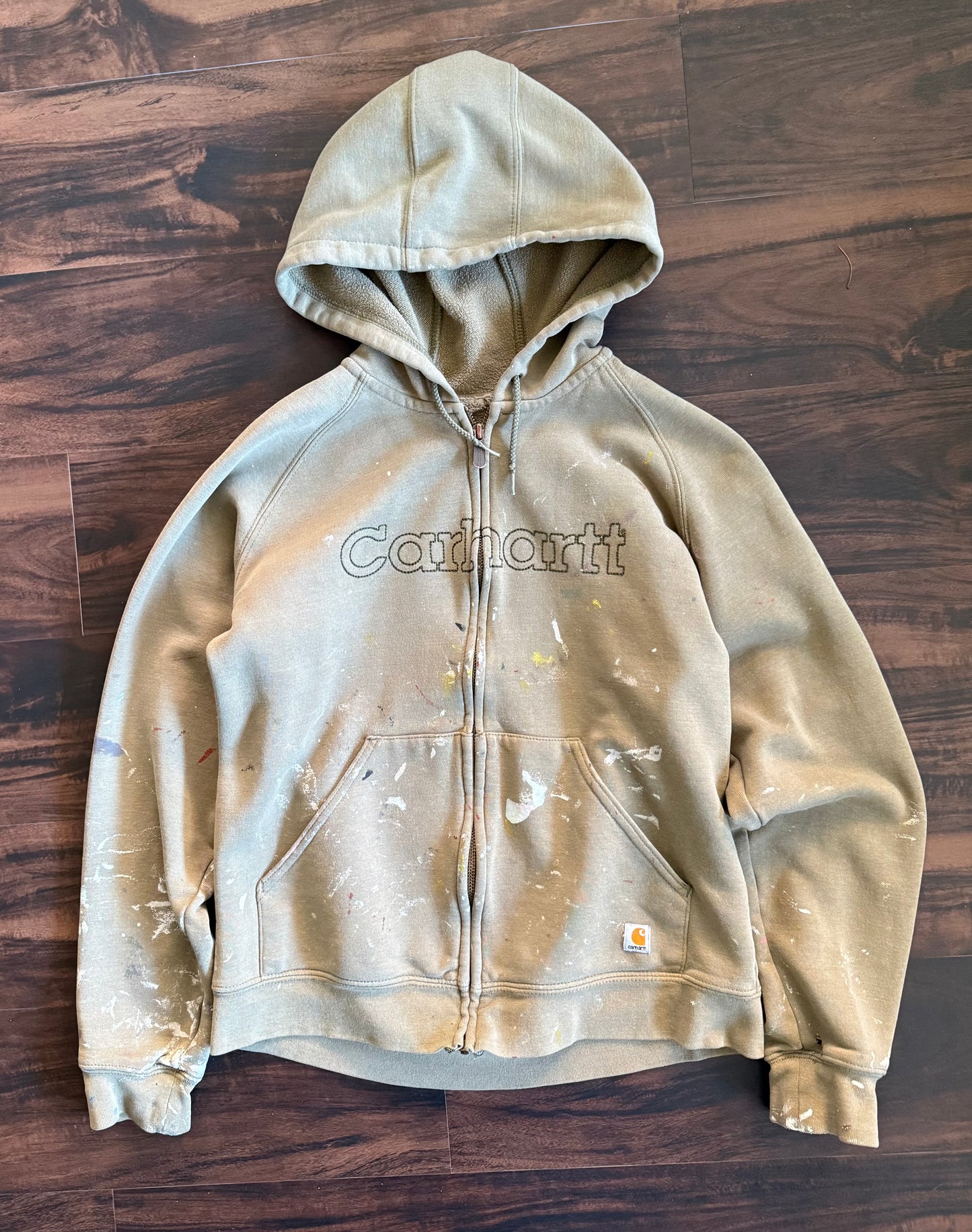 Vintage Carhartt Embroidered Distressed Paint-Splattered Zip-Up Green Hoodie- S