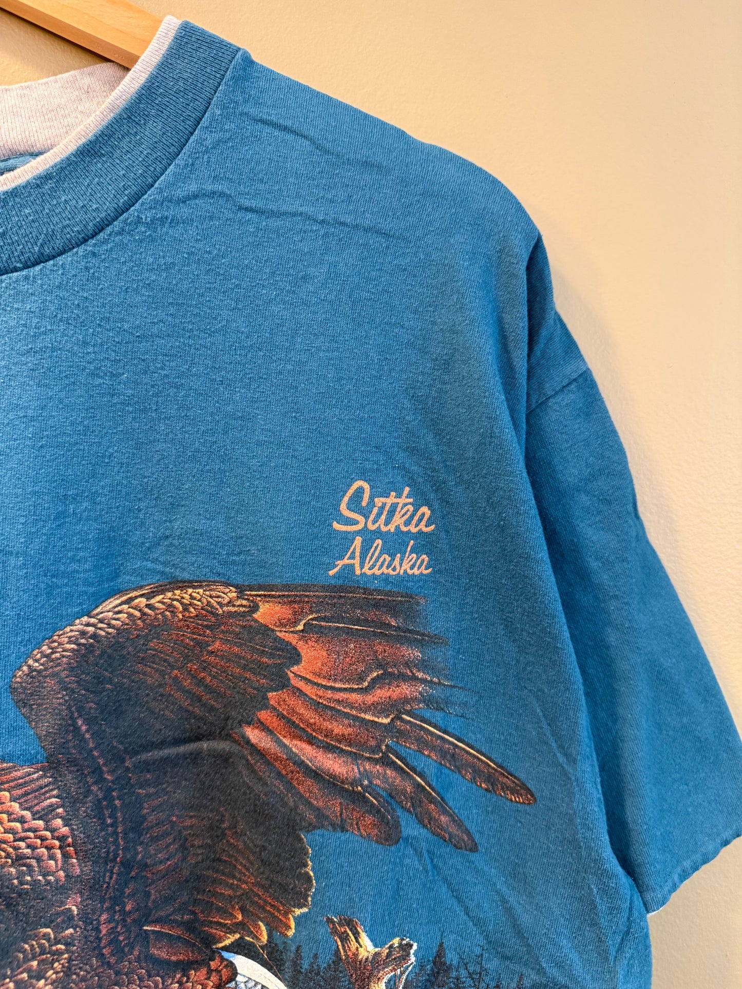 Vintage Bald Eagle Sitka Alaska Blue Wrap-Around Print T-Shirt- L