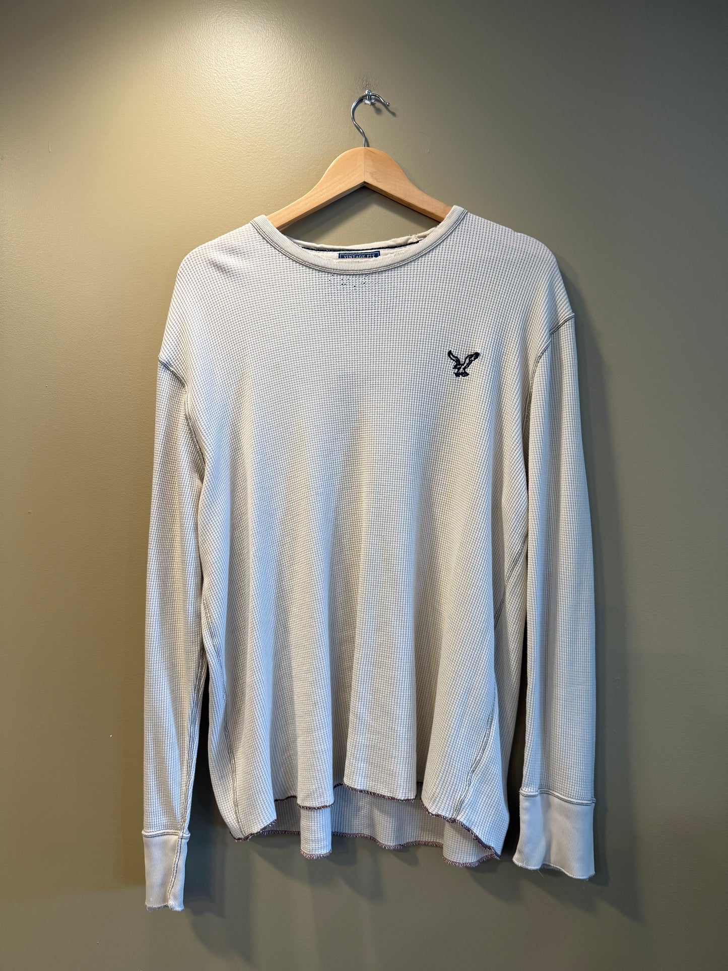 Vintage American Eagle White Distressed Thermal Long Sleeve Shirt- XL