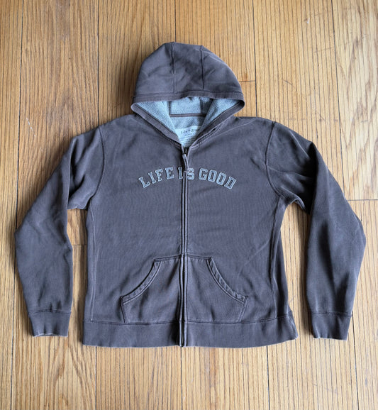 Vintage Life Is Good Brown Zip-Up Hoodie Sweatshirt- M