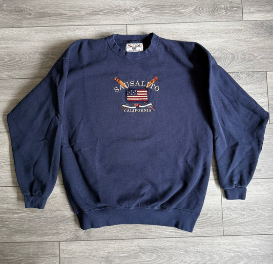 Vintage Sausalito California Preppy Flag Blue Crewneck Sweatshirt- XL