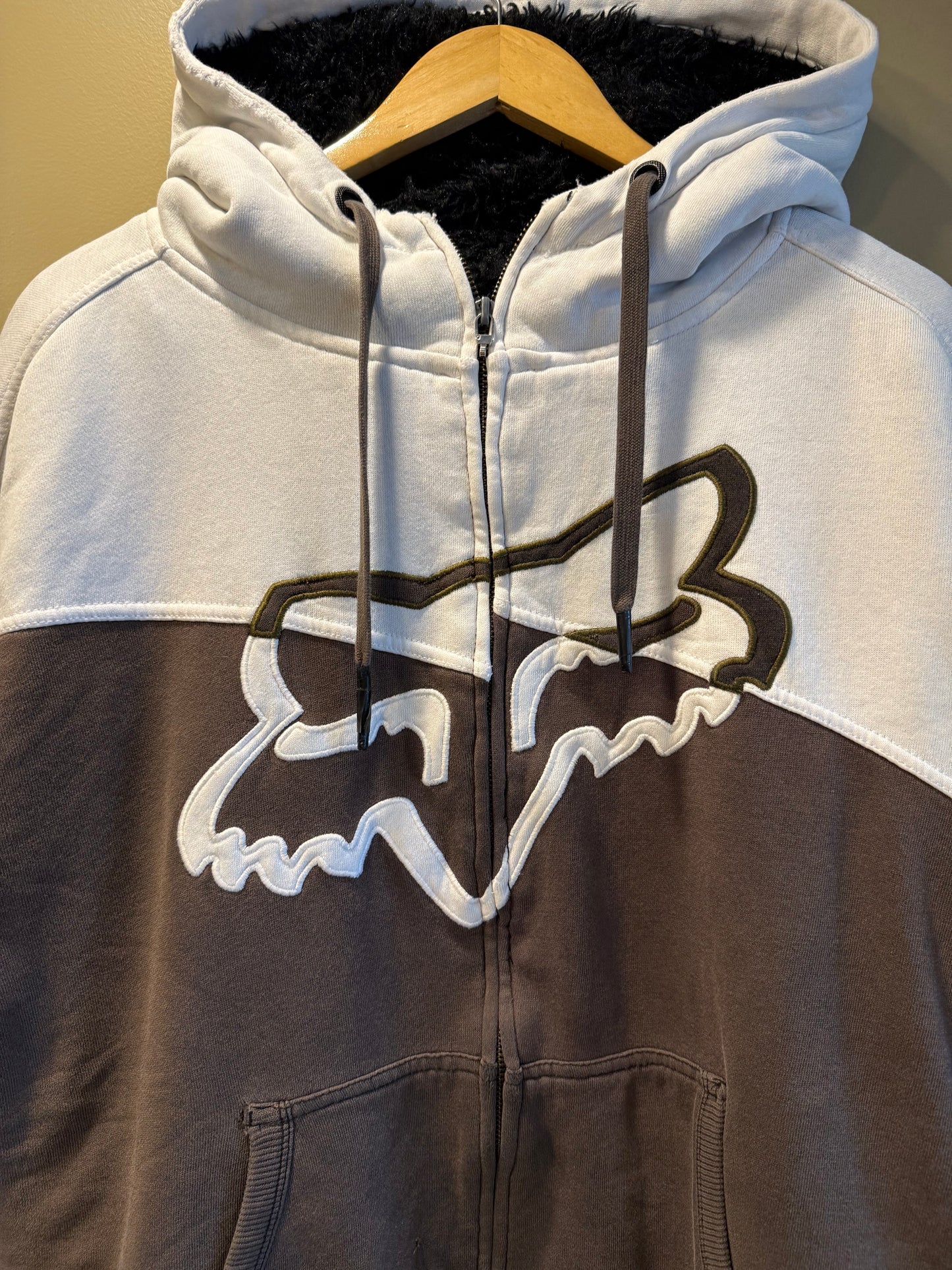 Vintage Fox Racing Brown & White Fur Lined Zip-Up Hoodie Sweatshirt- L