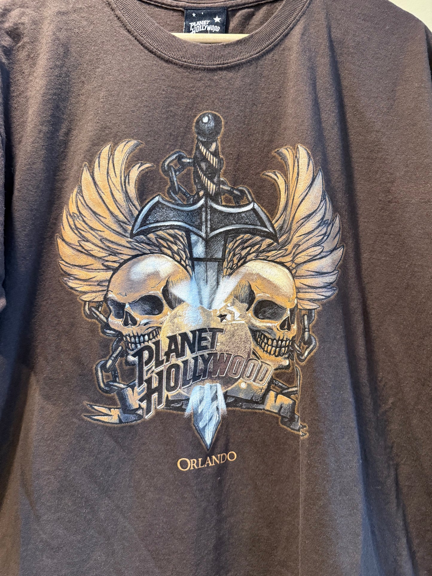 Vintage Y2K Planet Hollywood Brown Skulls T-Shirt- L